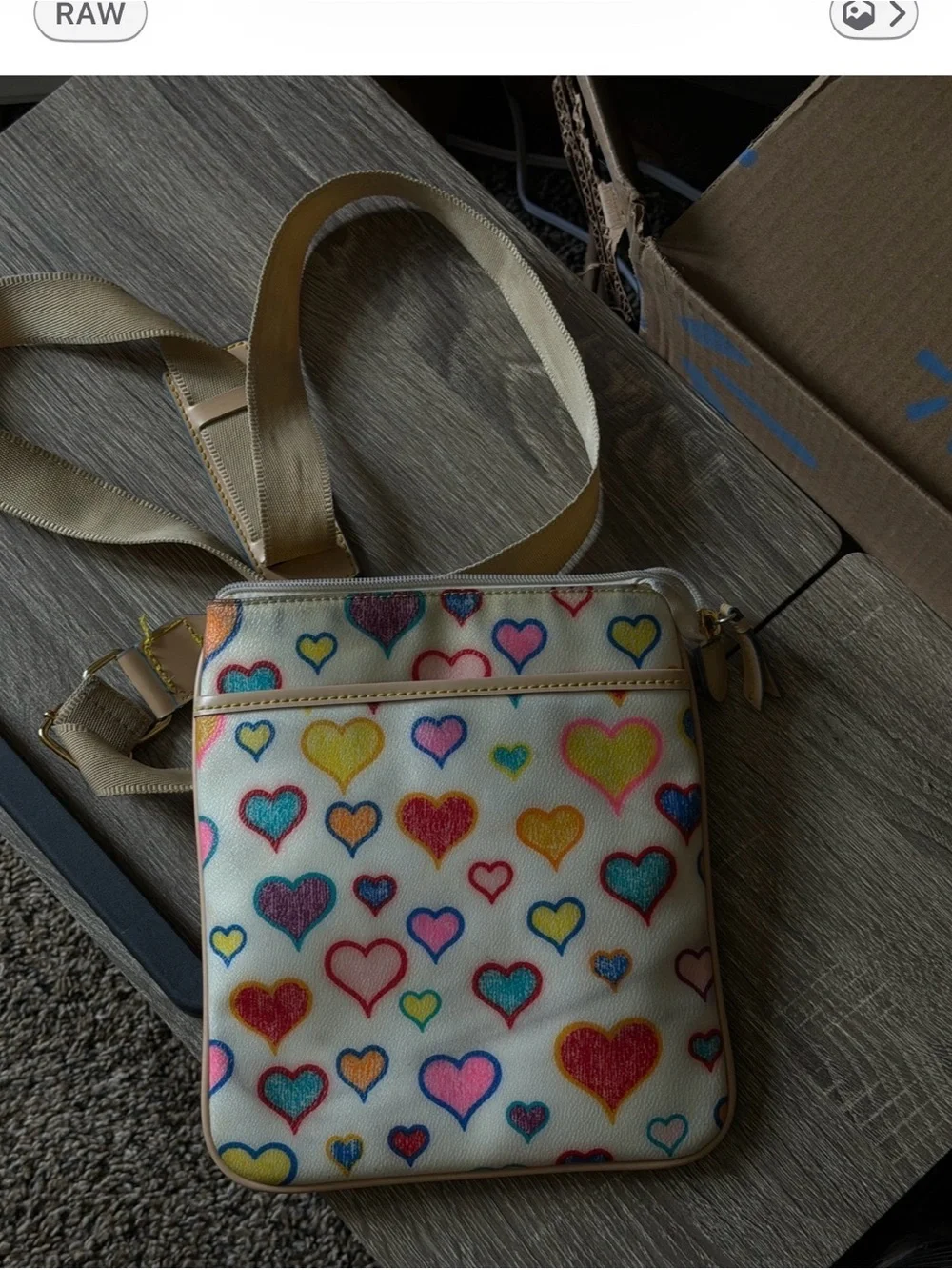 Donney Women's Cream Crossbody Bag with Multicolor Heart Print